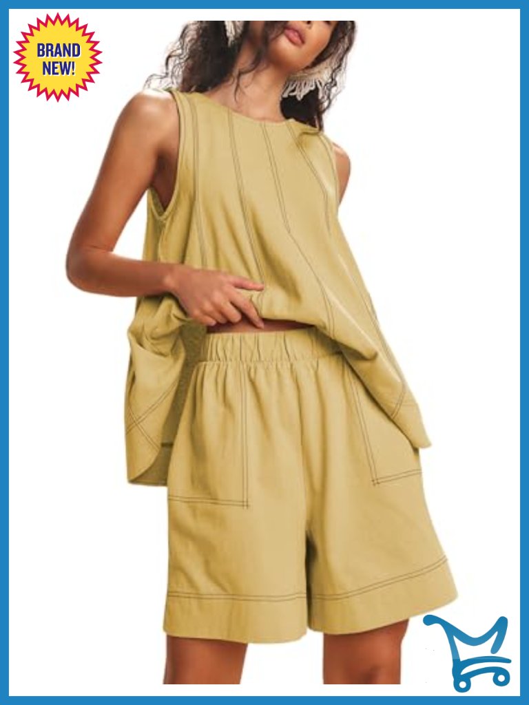 Cotton Sleeveless 2 Piece Outfit With Pockets High Waist Shorts